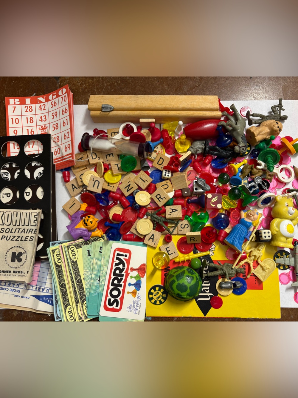 Assorted Vintage Game and Toy Pieces in Clear Jar - Multicolor
